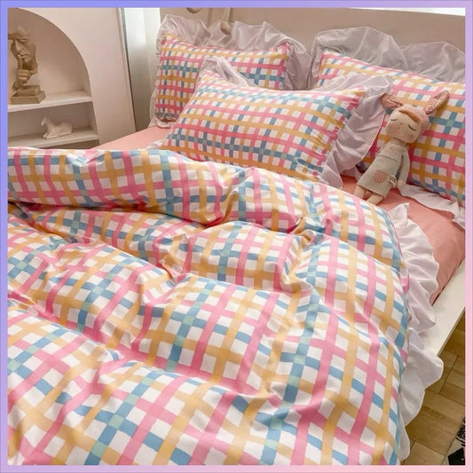 Funda cubre plumón + sabana + cubre almohada “Cuadraditos Pastel”. Microfibra, 1,5 y  2 Plazas