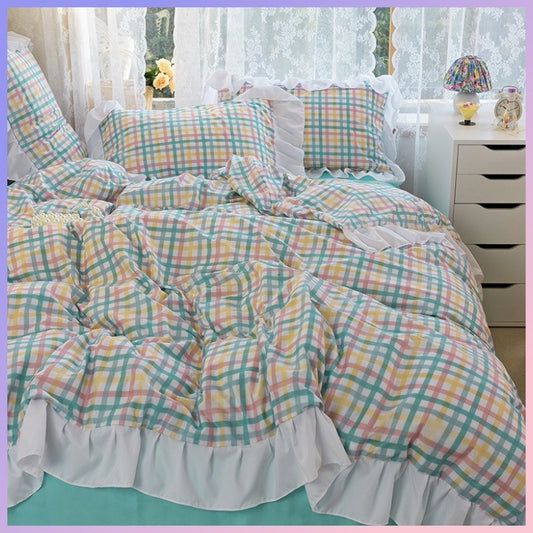 Funda cubre plumón + 1 sabana Inferior + cubre almohada “Cuadritos Tonos Verdes”. Microfibra, 1,5 y 2 Plazas