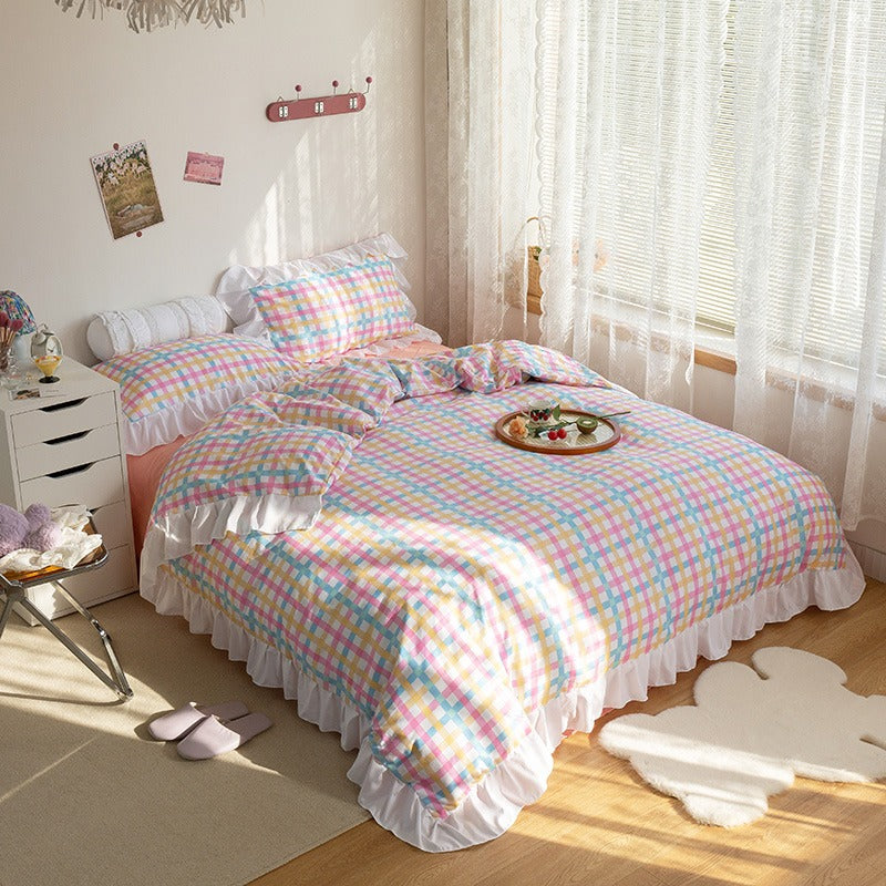 Funda cubre plumón + sabana + cubre almohada “Cuadraditos Pastel”. Microfibra, 1,5 y  2 Plazas