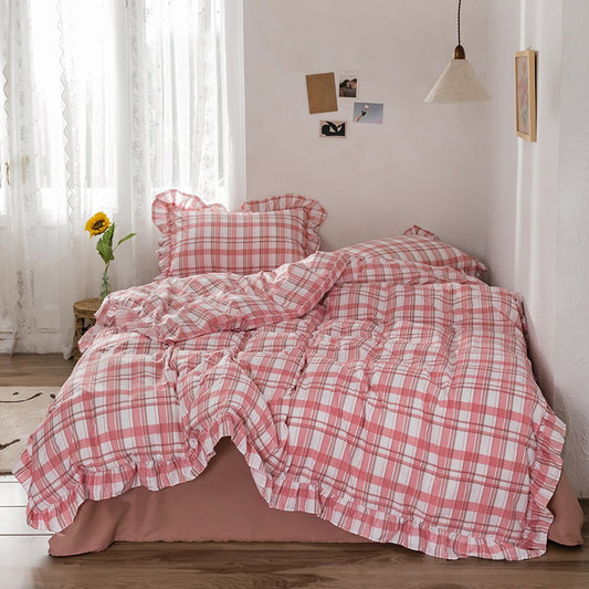 Funda cubre plumón + sabana + cubre almohada “Cuadraditos Rojos”. Microfibra, 1,5 plazas
