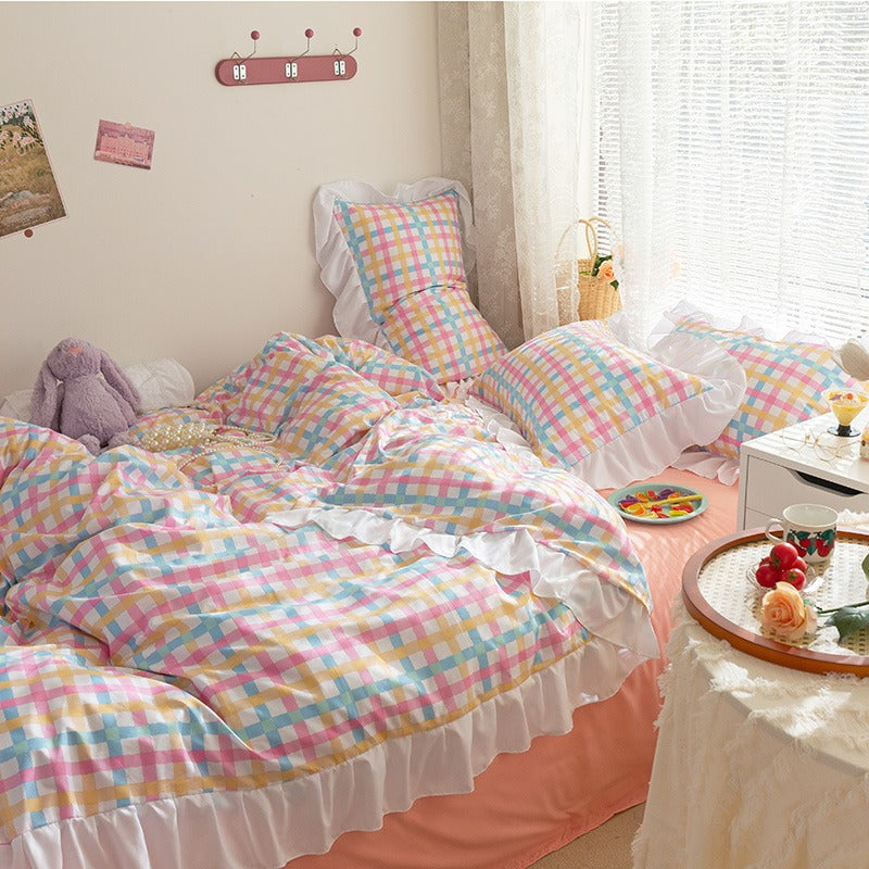 Funda cubre plumón + sabana + cubre almohada “Cuadraditos Pastel”. Microfibra, 1,5 y  2 Plazas