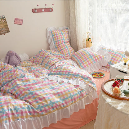 Funda cubre plumón + sabana + cubre almohada “Cuadraditos Pastel”. Microfibra, 1,5 y  2 Plazas
