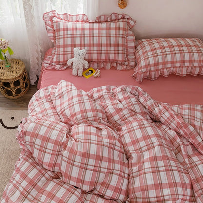 Funda cubre plumón + sabana + cubre almohada “Cuadraditos Rojos”. Microfibra, 1,5 plazas