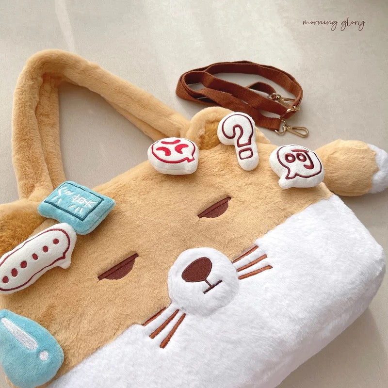 Bolso Felpudo + 2 pins + llavero colita, 35x29x7cms