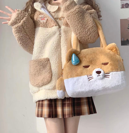 Bolso Felpudo + 2 pins + llavero colita, 35x29x7cms