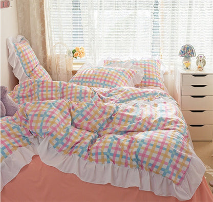 Funda cubre plumón + sabana + cubre almohada “Cuadraditos Pastel”. Microfibra, 1,5 y  2 Plazas
