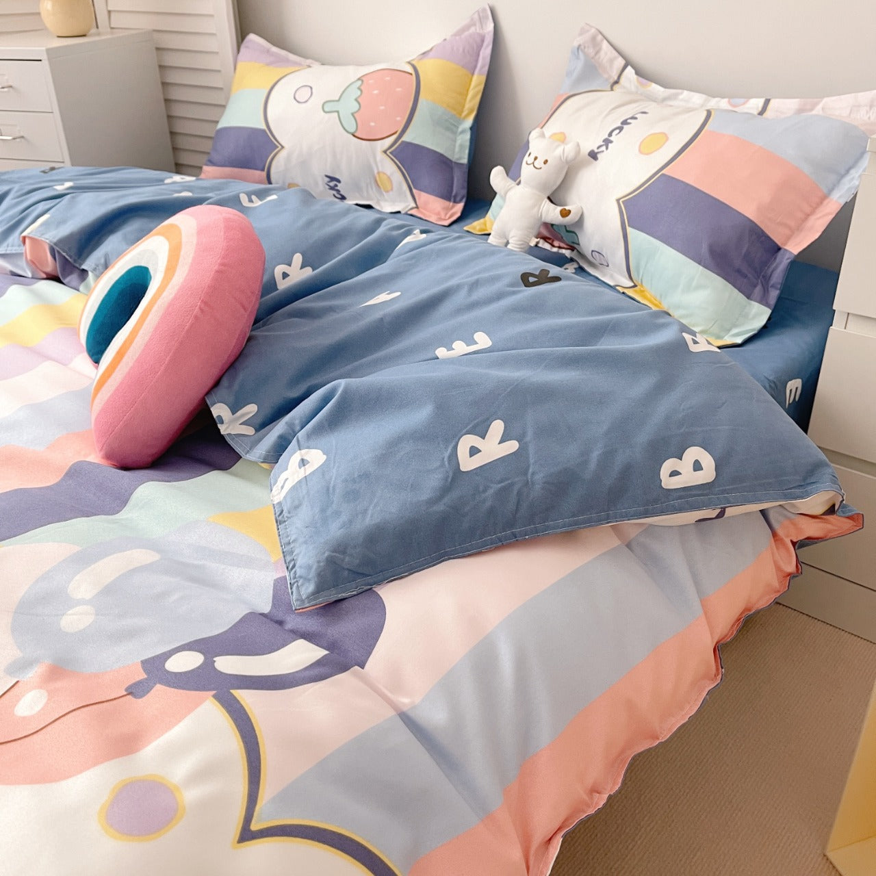 Funda cubre plumón + sabana + cubre almohada “Osito en el Circo”. Microfibra, 1,5 plazas